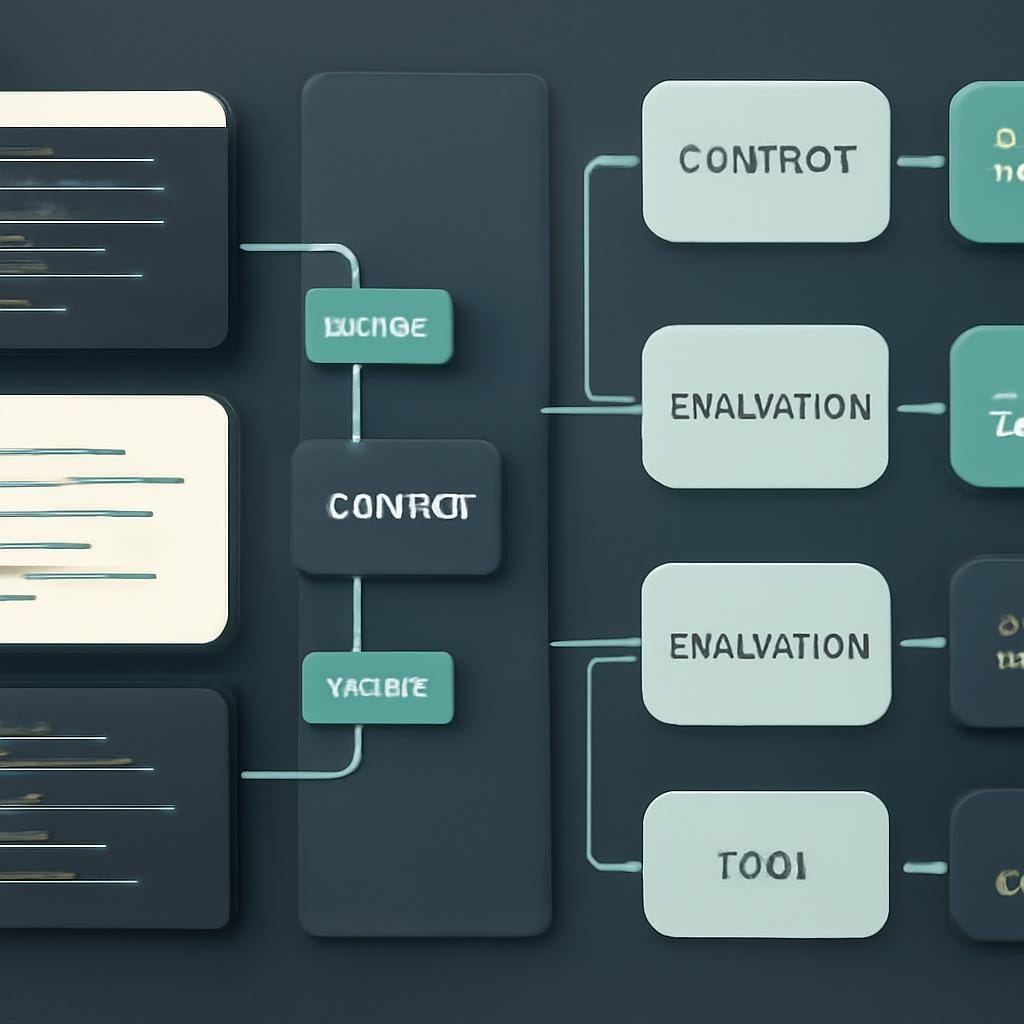 Abstract developer workspace where one IDE console routes tasks to several AI model lanes through policy gates and context windows.