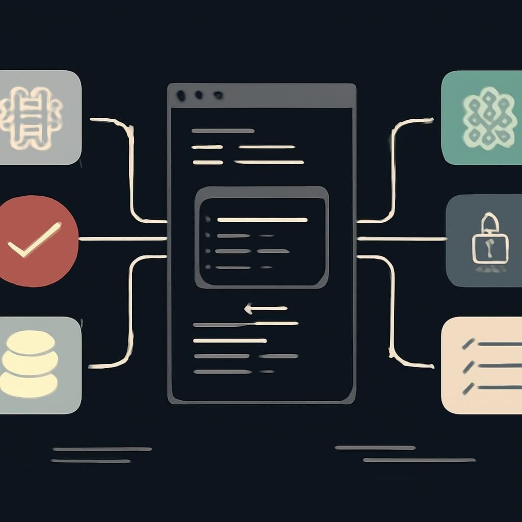 抽象的软件开发工作台中，一个 IDE 中枢把不同 AI 模型路由到代码、测试、权限和审计通道。