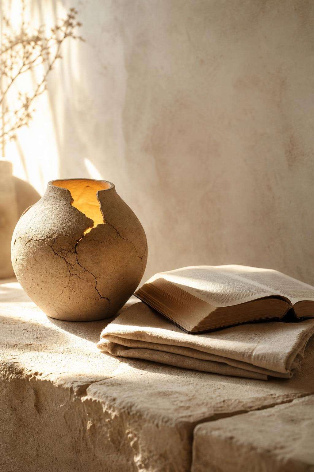 A softly lit cracked vessel beside an open Bible and folded cloth