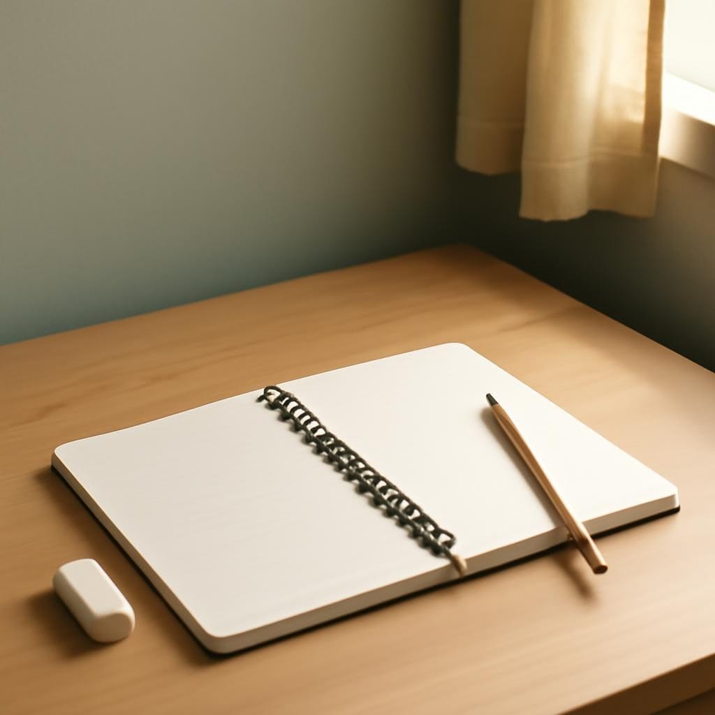 A quiet desk with an open notebook, an eraser, and soft morning light.