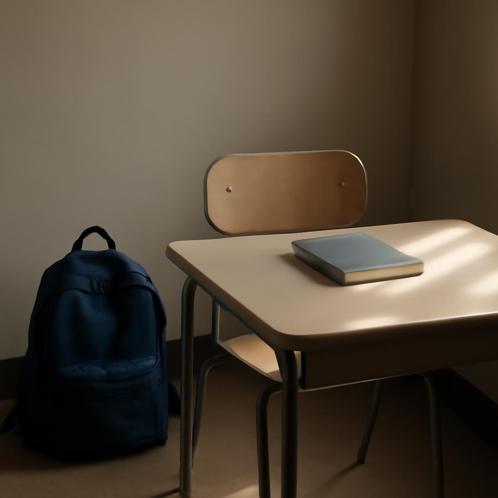 An empty school desk with a backpack and notebook in soft light.
