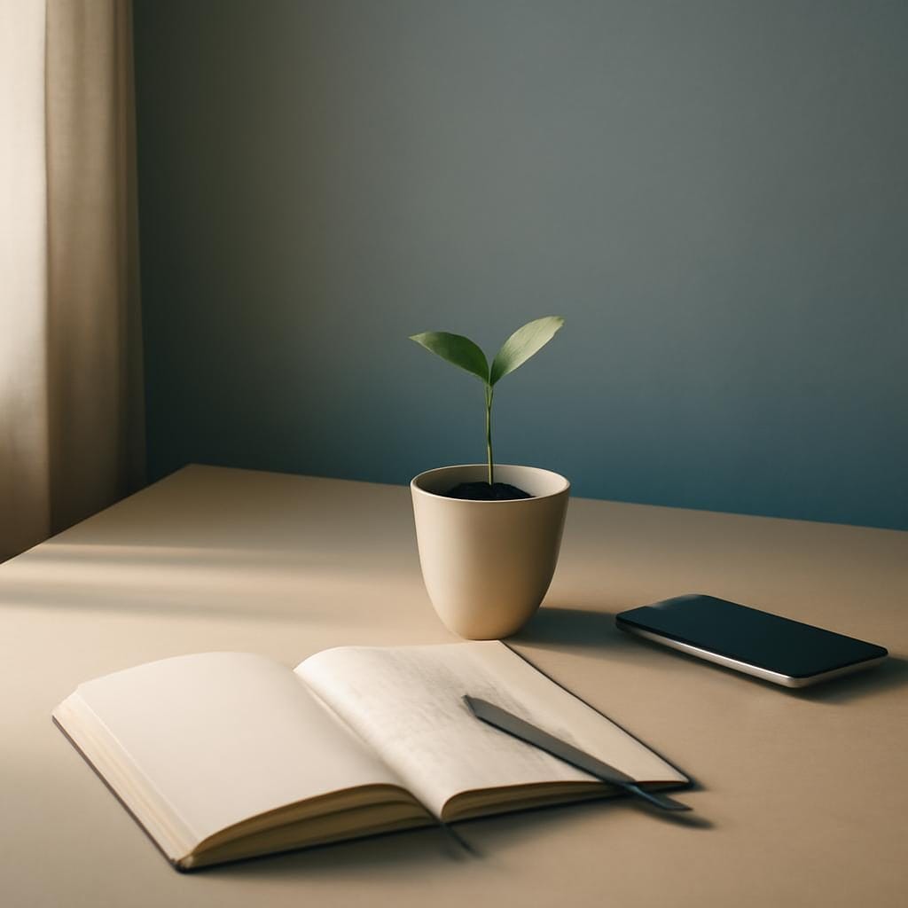 A notebook, small sprout, and face-down phone in soft morning light.