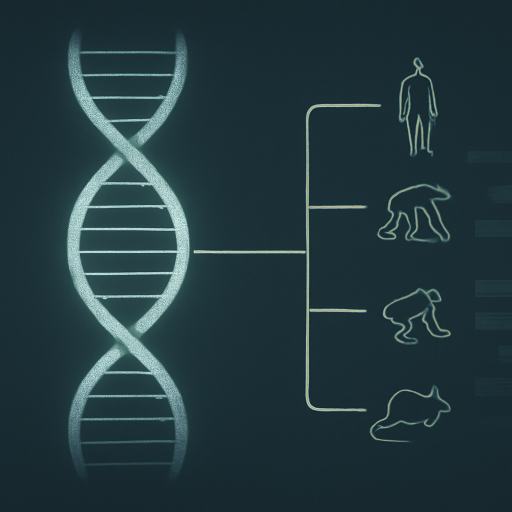 Abstract comparative genomics visualization with DNA strands and primate species relationship lines