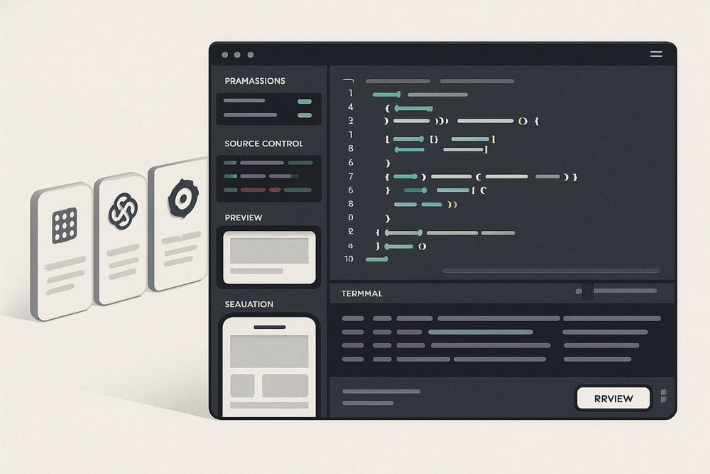 A developer IDE control room with coding agents queued beside file permissions, preview panes, device simulators, source control, and approval checkpoints