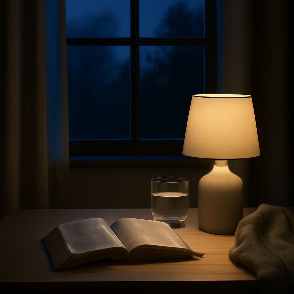 暮色窗边的圣经、小灯、温水和柔和布料，表达把夜间牵挂交给主后安然睡下。