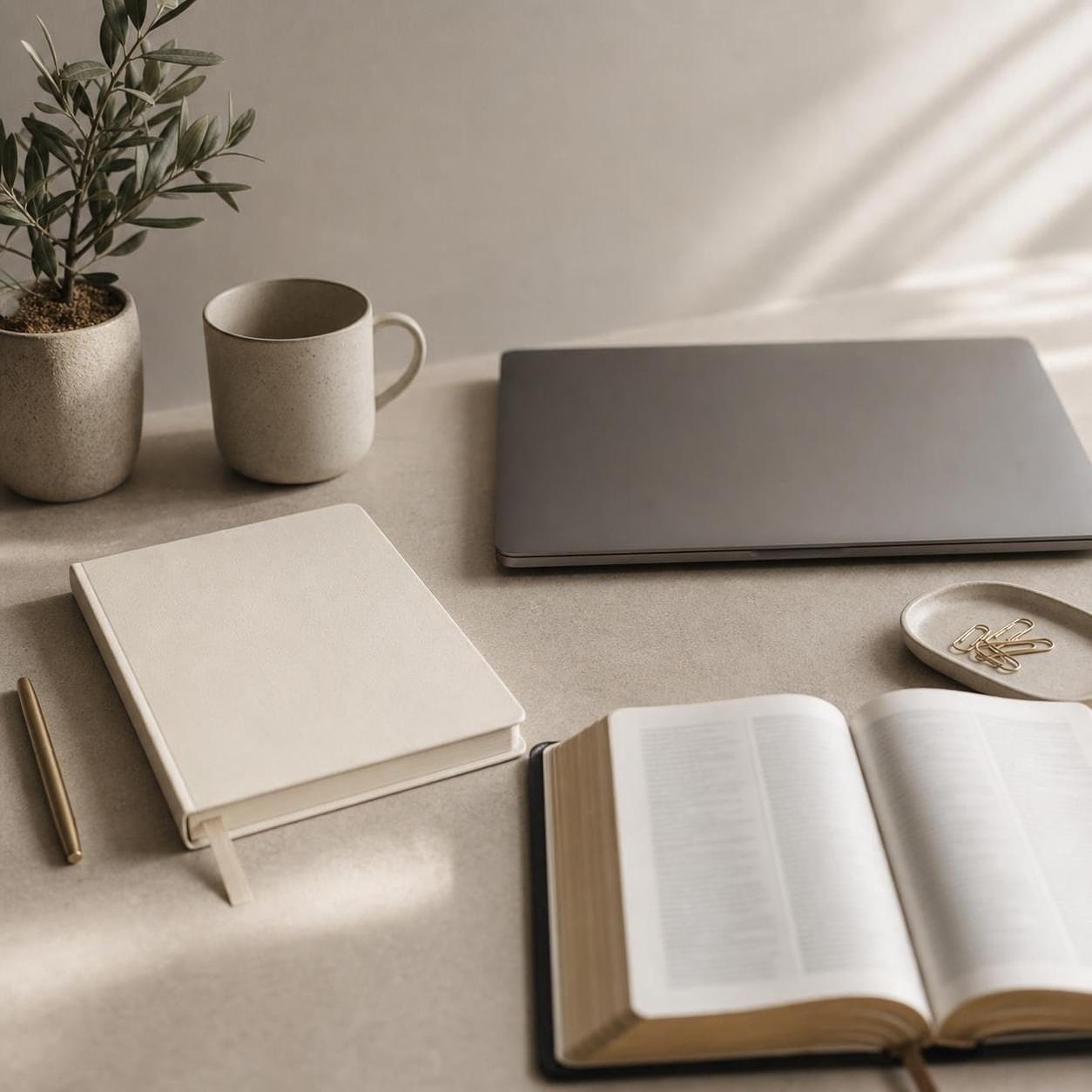 A quiet desk with ordinary work items in soft morning light