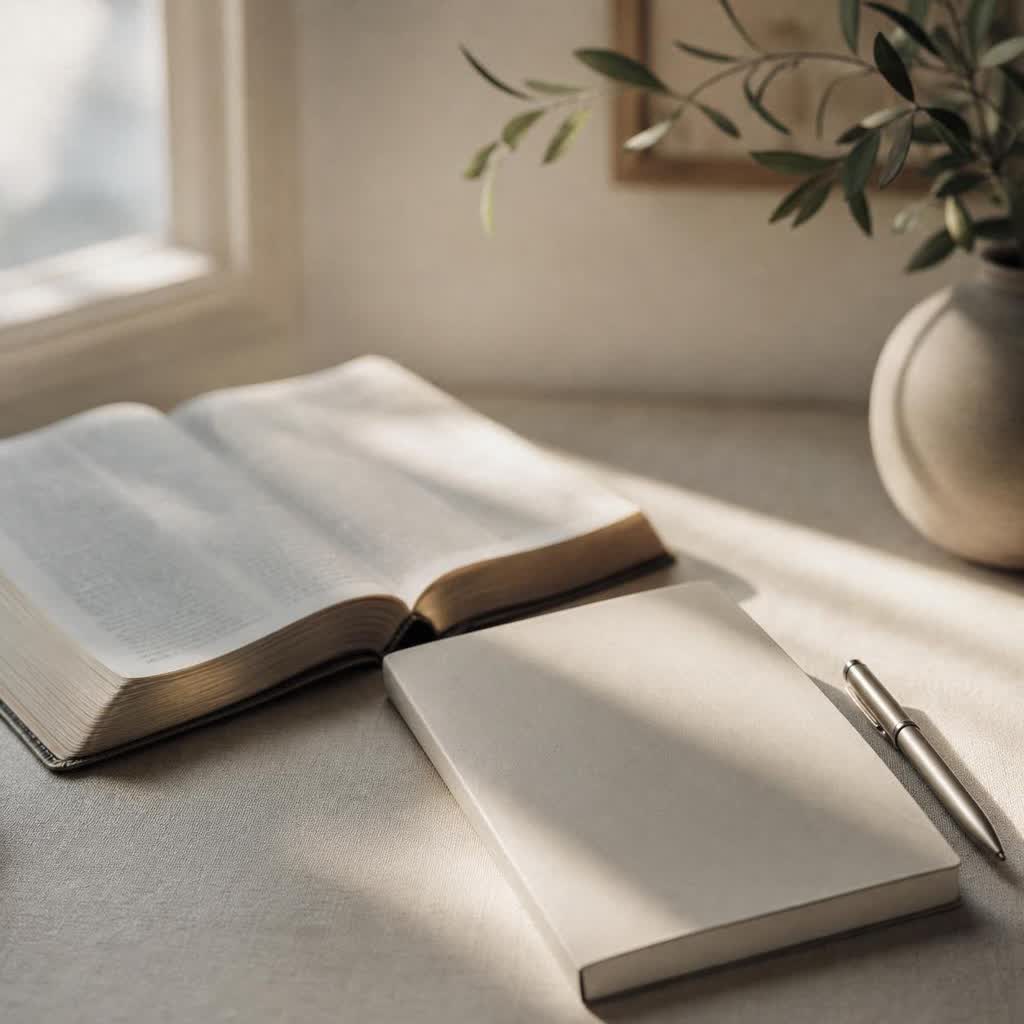 An open Bible, notebook, and pen in soft morning light on a calm desk