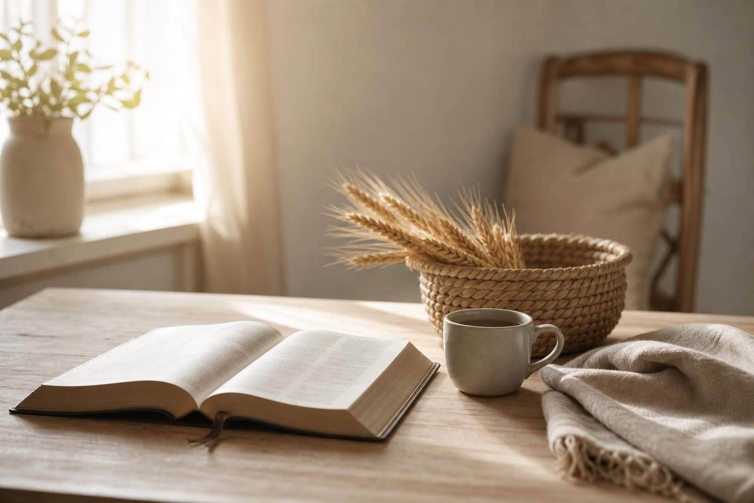 清晨柔光里的打开圣经、麦穗小篮与一杯茶，画面安静留白，没有文字和人物
