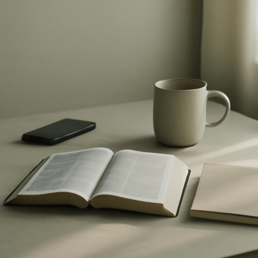 An open Bible, phone, notebook, and mug in soft morning light