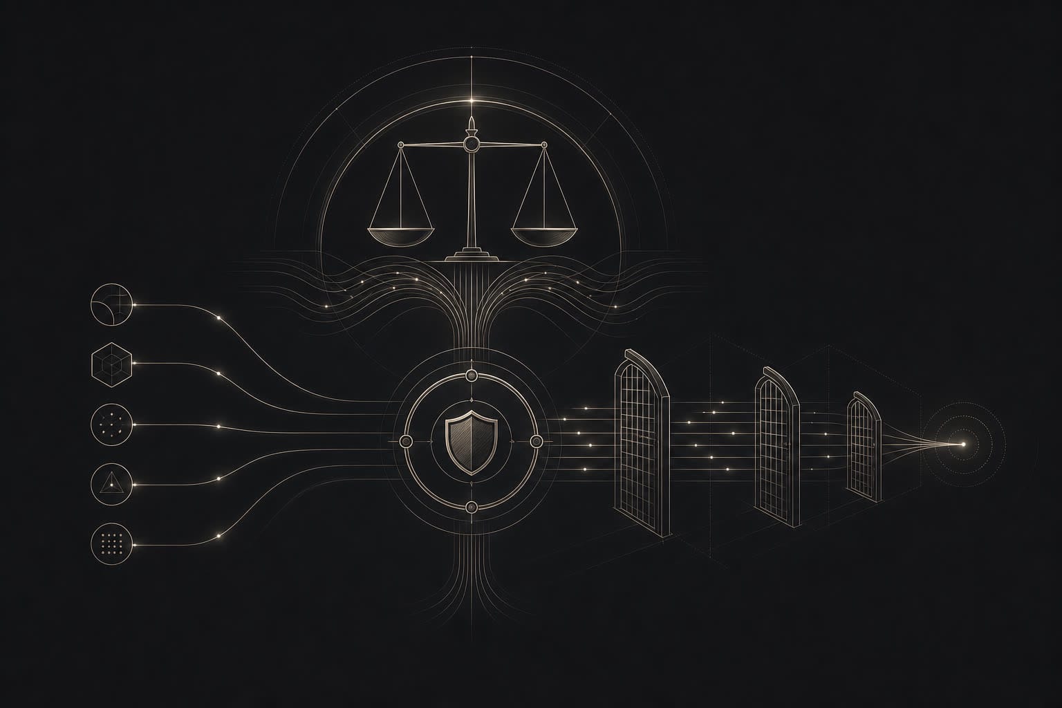 深炭黑背景上的抽象资金流与策略边界图