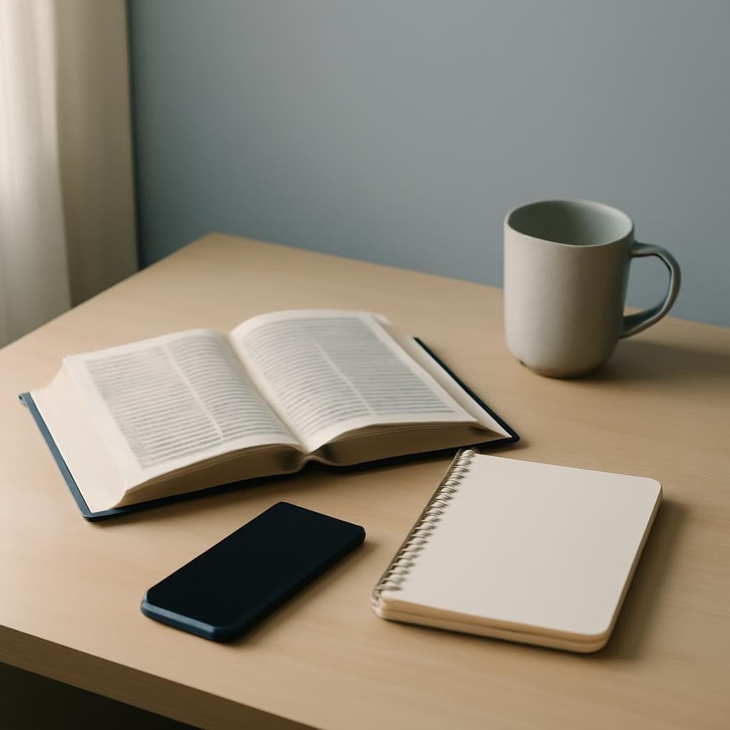 An open Bible beside a notebook, face-down phone, and ceramic mug in soft morning light.