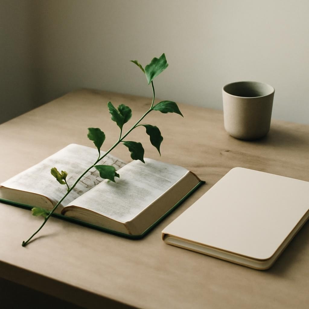 An open Bible, a small vine branch, and a blank journal on a quiet desk in soft morning light