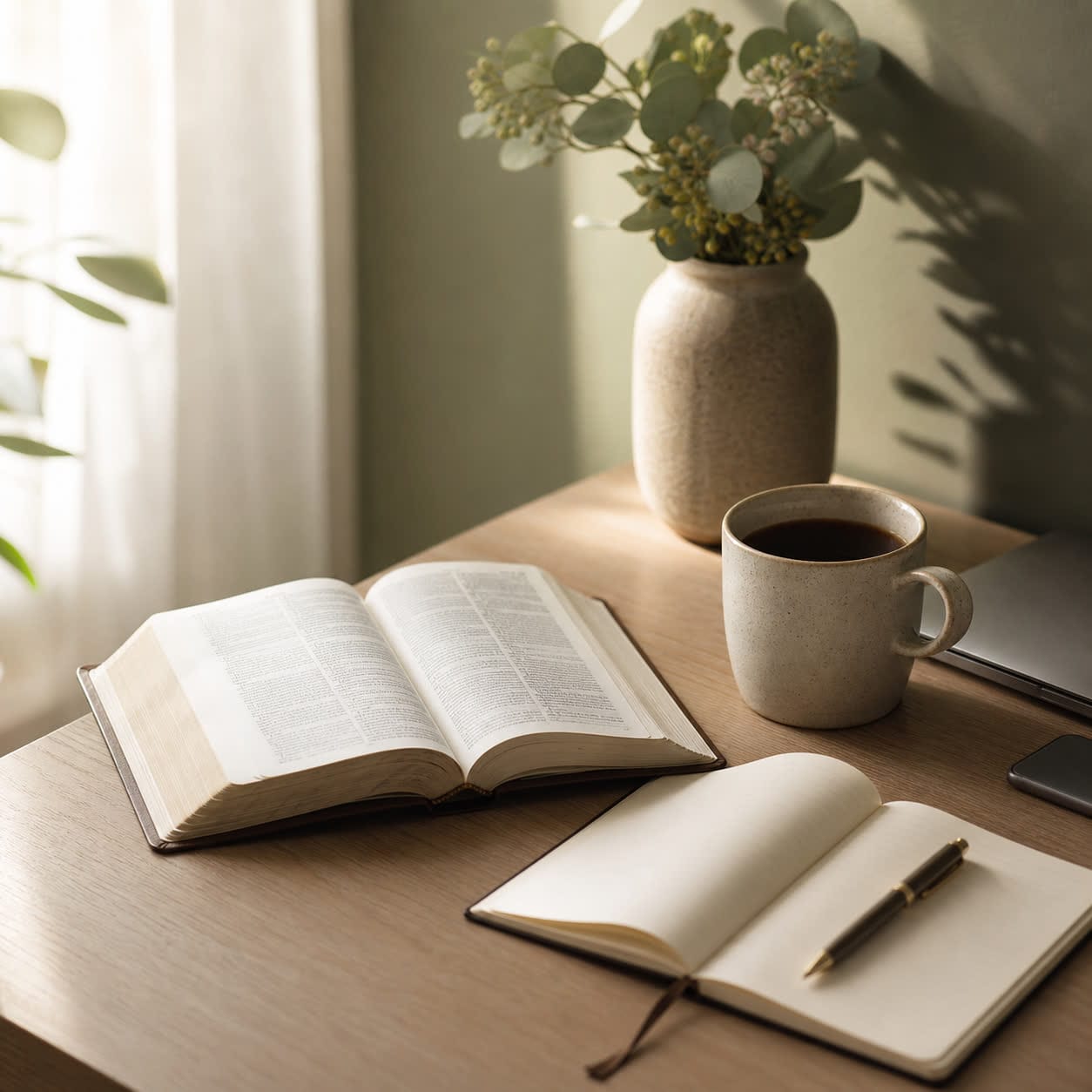 An open Bible, notebook, pen, and coffee mug on a quiet desk in soft morning light