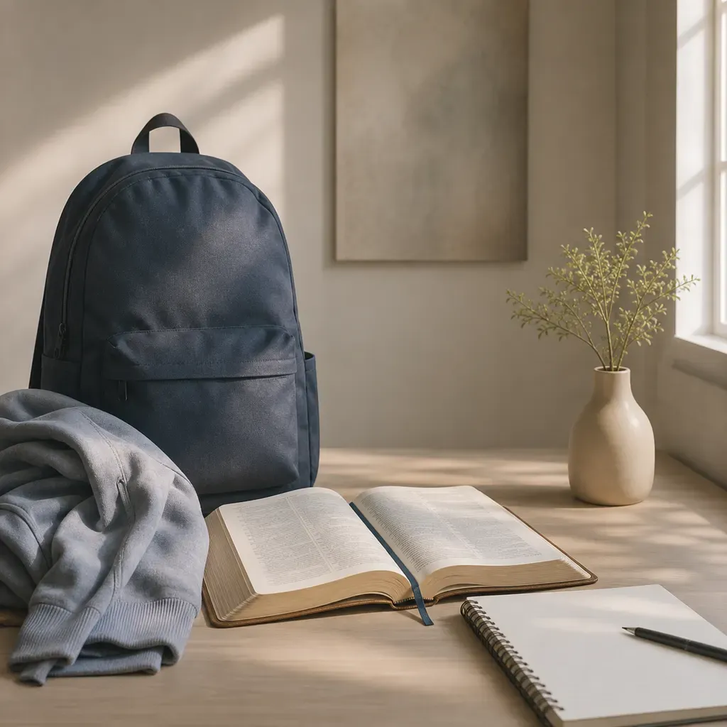 A backpack, open Bible, notebook, and folded hoodie on a tidy desk in soft morning light.