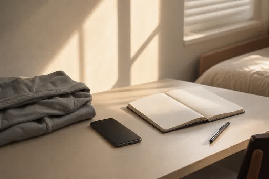A quiet teenage desk with a face-down phone, open notebook, and sunlight through blinds.
