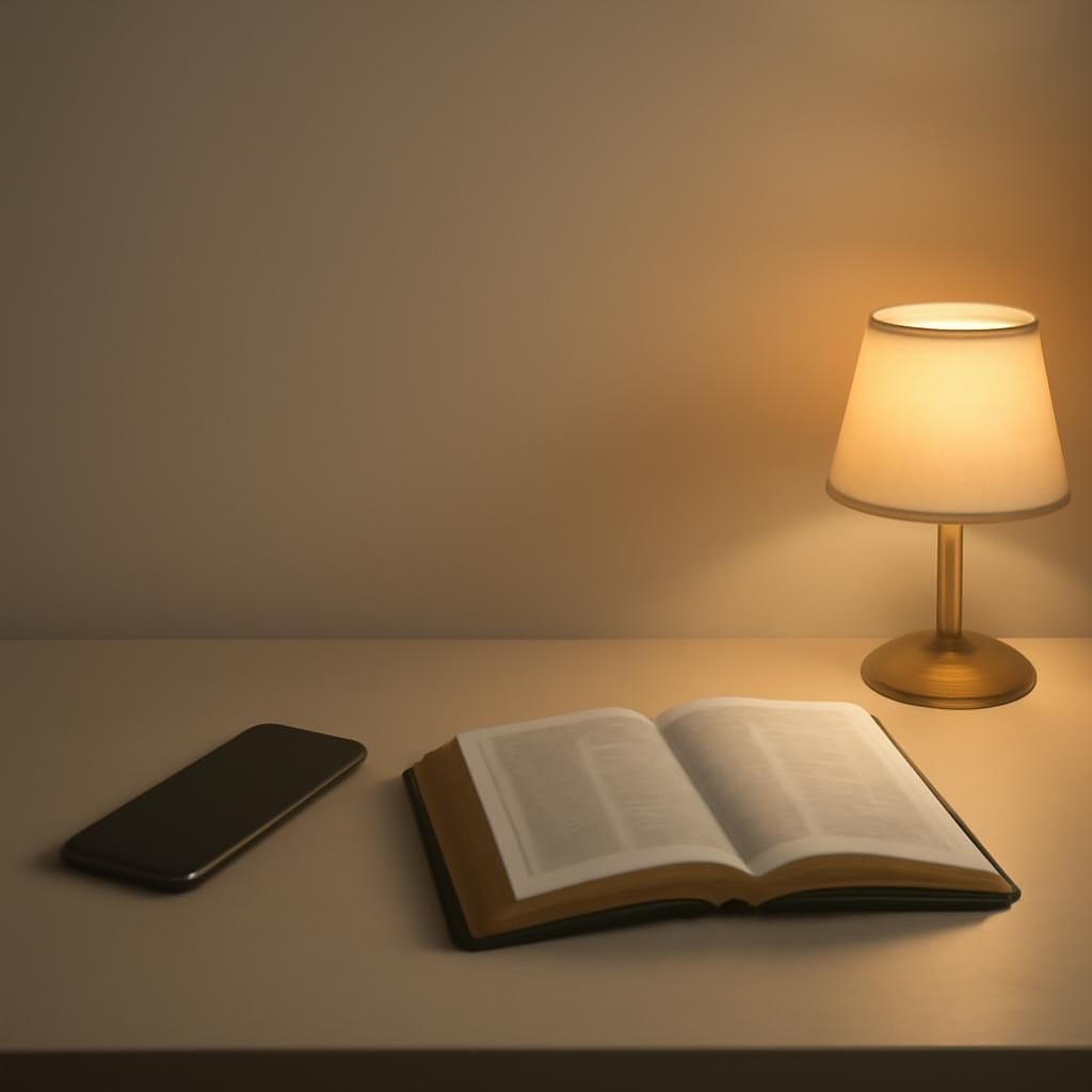 A quiet desk with a phone, open Bible, and warm lamp