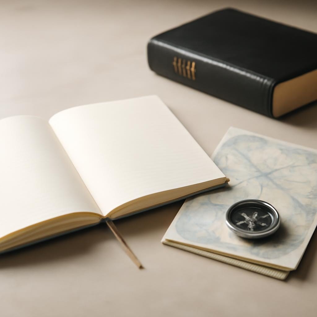 An open notebook beside a folded map and compass in soft morning light