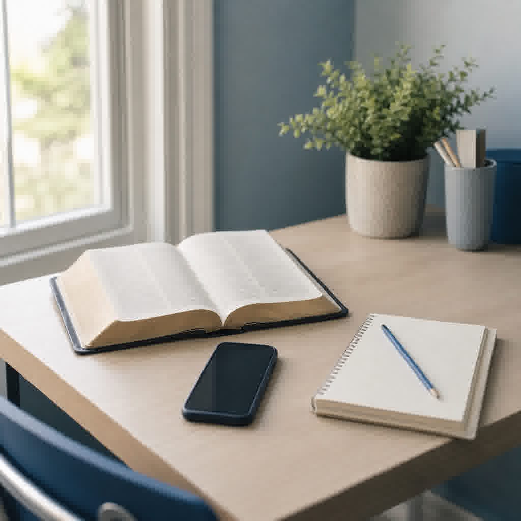 An open Bible beside a face-down phone, notebook, and pencil on a tidy desk in soft daylight.