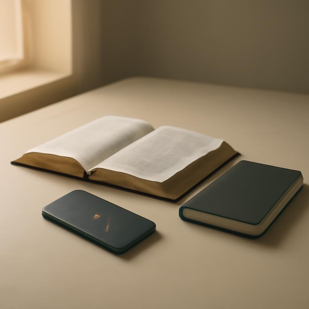 A phone face down beside an open Bible and a quiet notebook in soft morning light