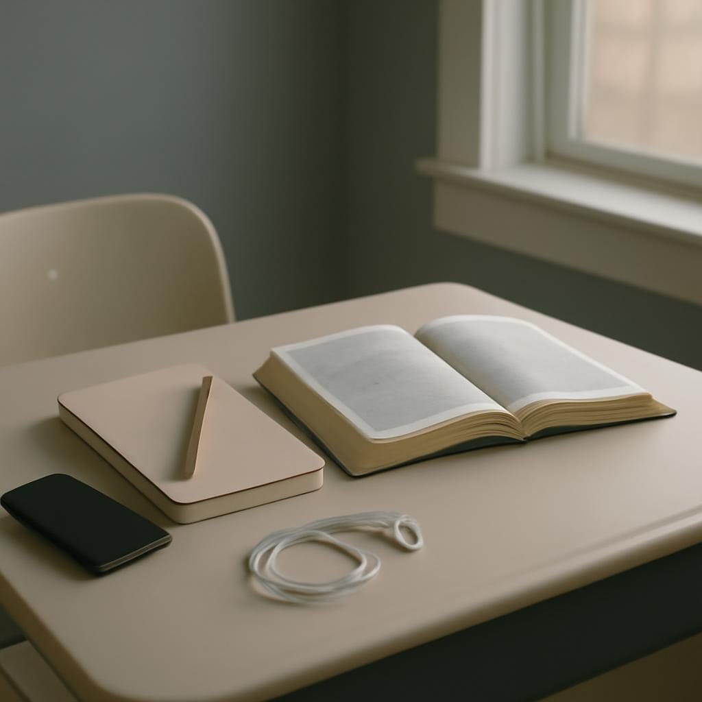 An open Bible, notebook, pencil, face-down phone, and earbuds on a school desk in soft daylight.