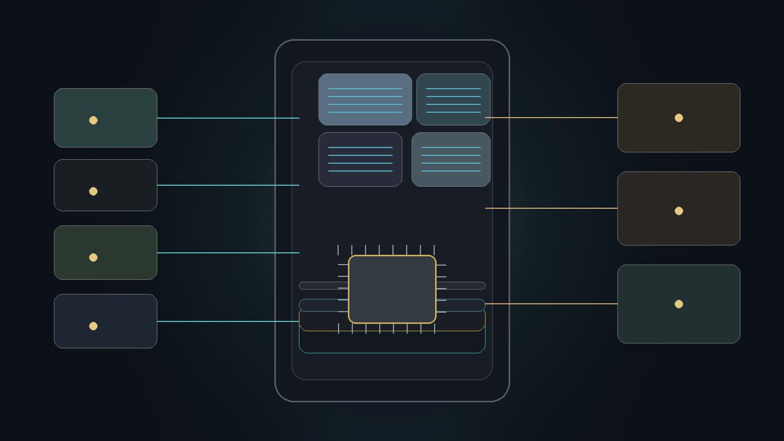 Editorial illustration of on-device AI flowing through a phone chip, local model, and offline action stack