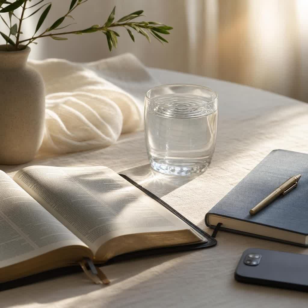 An open Bible and notebook beside a phone face down in soft morning light