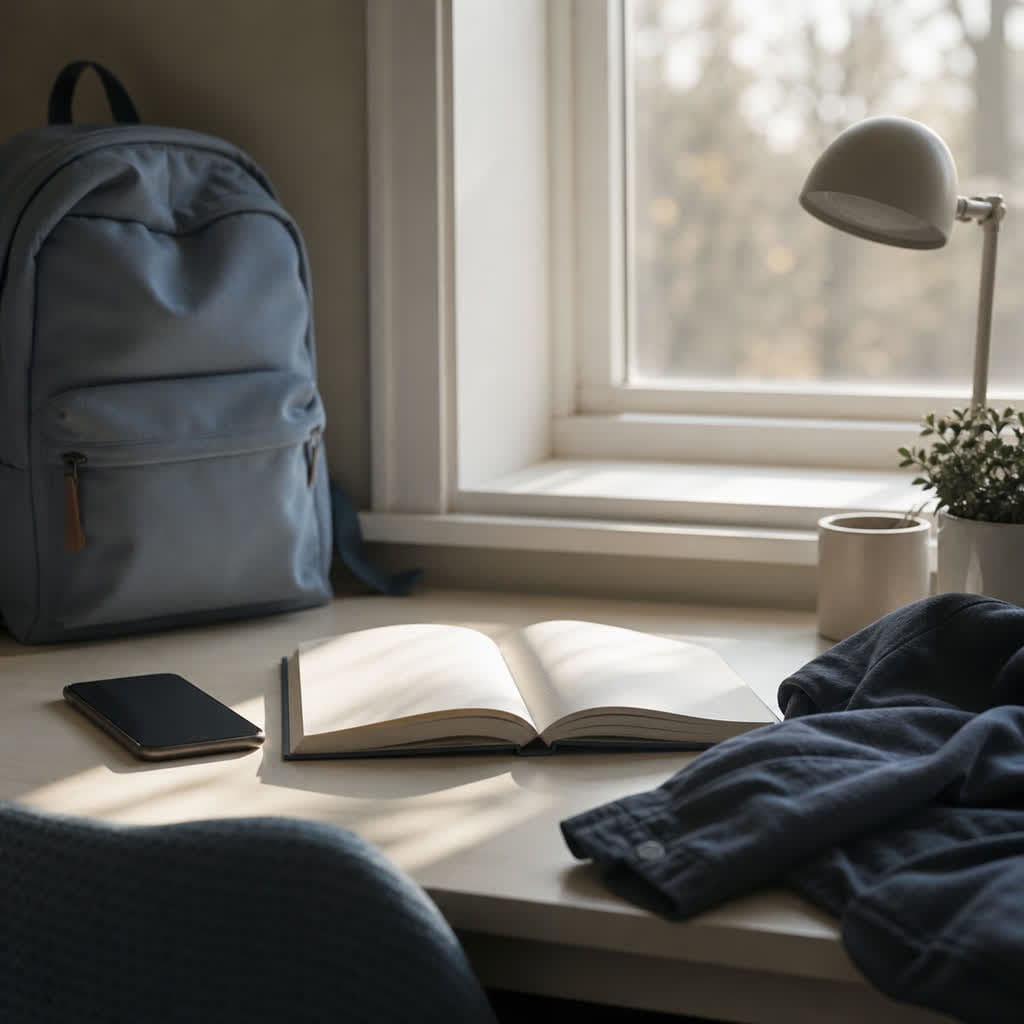 A backpack, an open notebook, a face-down smartphone, a jacket, and a small lamp on a quiet bedroom desk beside a sunlit window.