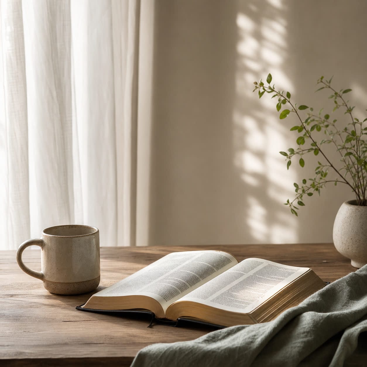 An open Bible, warm mug, and soft morning light on a quiet desk