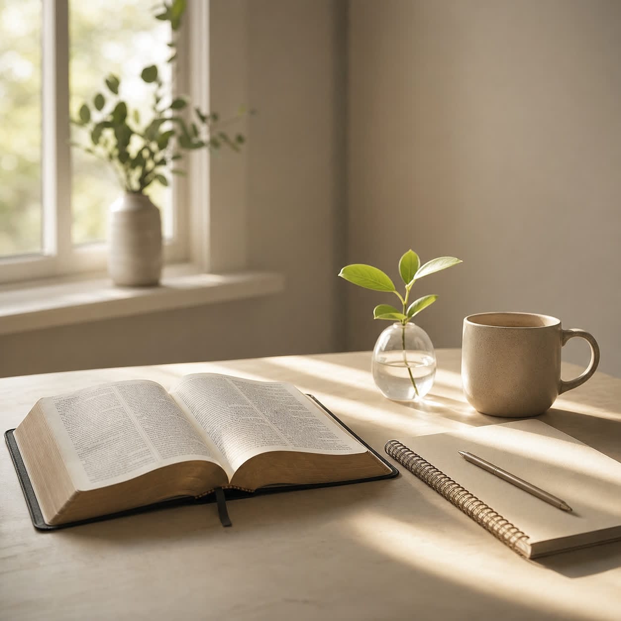 An open Bible, notebook, sprout, and mug in soft morning light