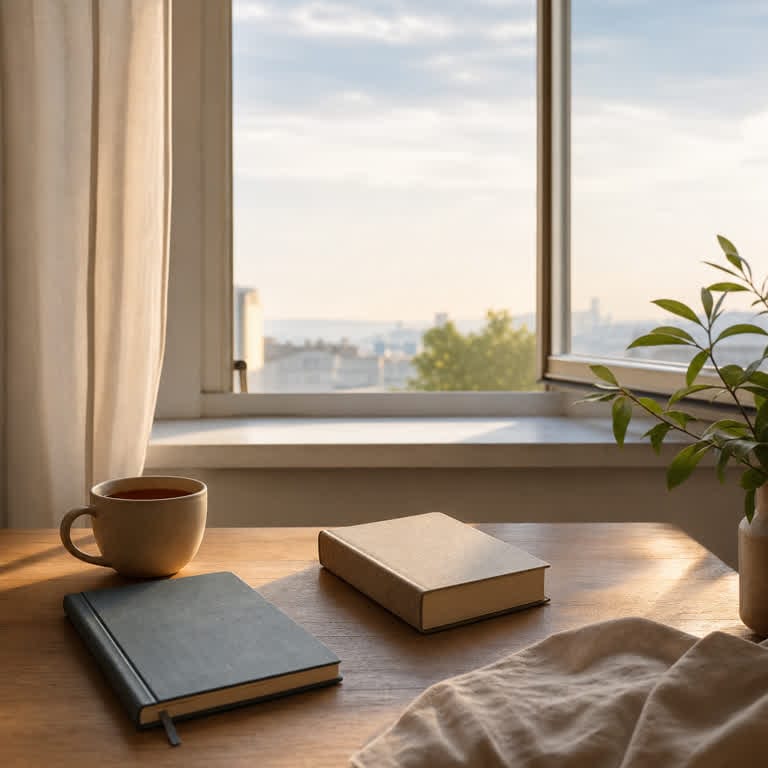 A quiet sunlit desk with a Bible, notebook, and tea beside an open window
