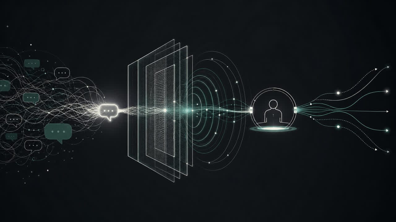 Abstract conversational thread passing through a mental-health AI safety gate toward human escalation