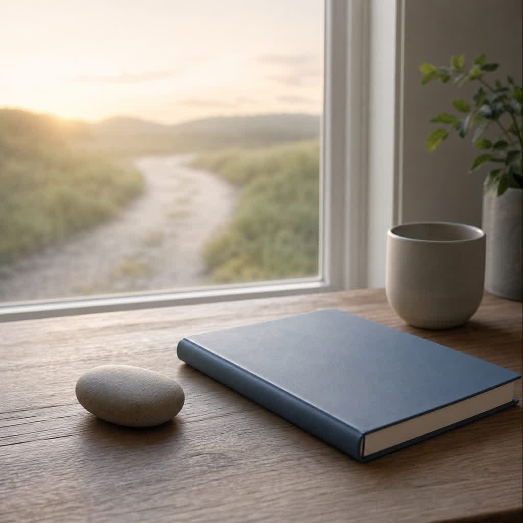 A smooth stone and closed notebook in quiet morning light