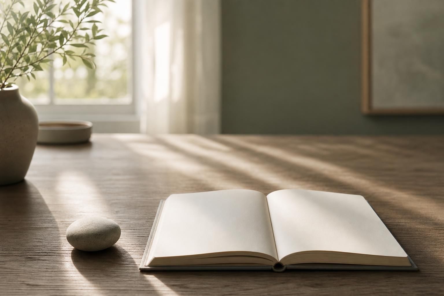 An open journal and smooth stone in quiet morning light