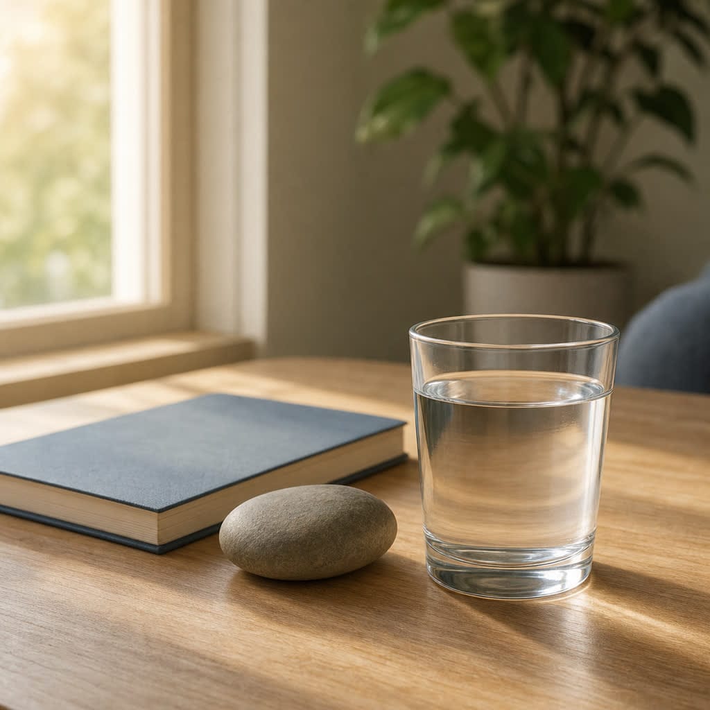 A small compass beside a closed notebook on a quiet sunlit desk