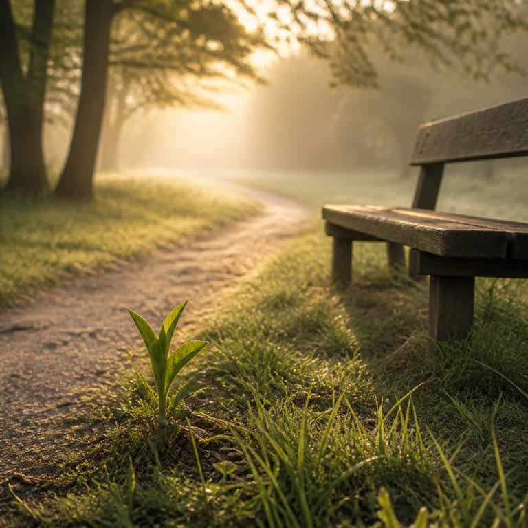 A sunlit path beside a quiet bench, symbolizing patient hope