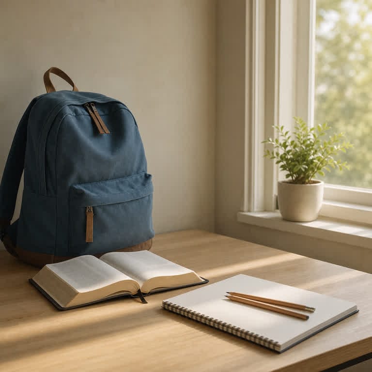 A quiet desk with a backpack, open Bible, and warm morning light