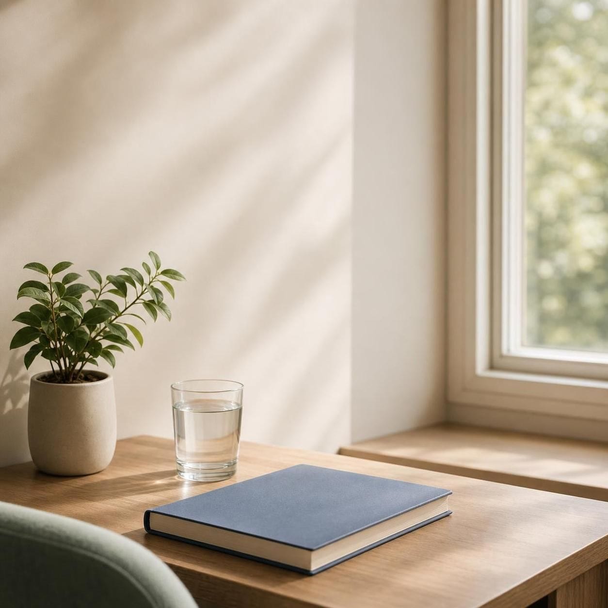 A quiet desk with a glass of water, a closed notebook, and a small plant in soft morning light