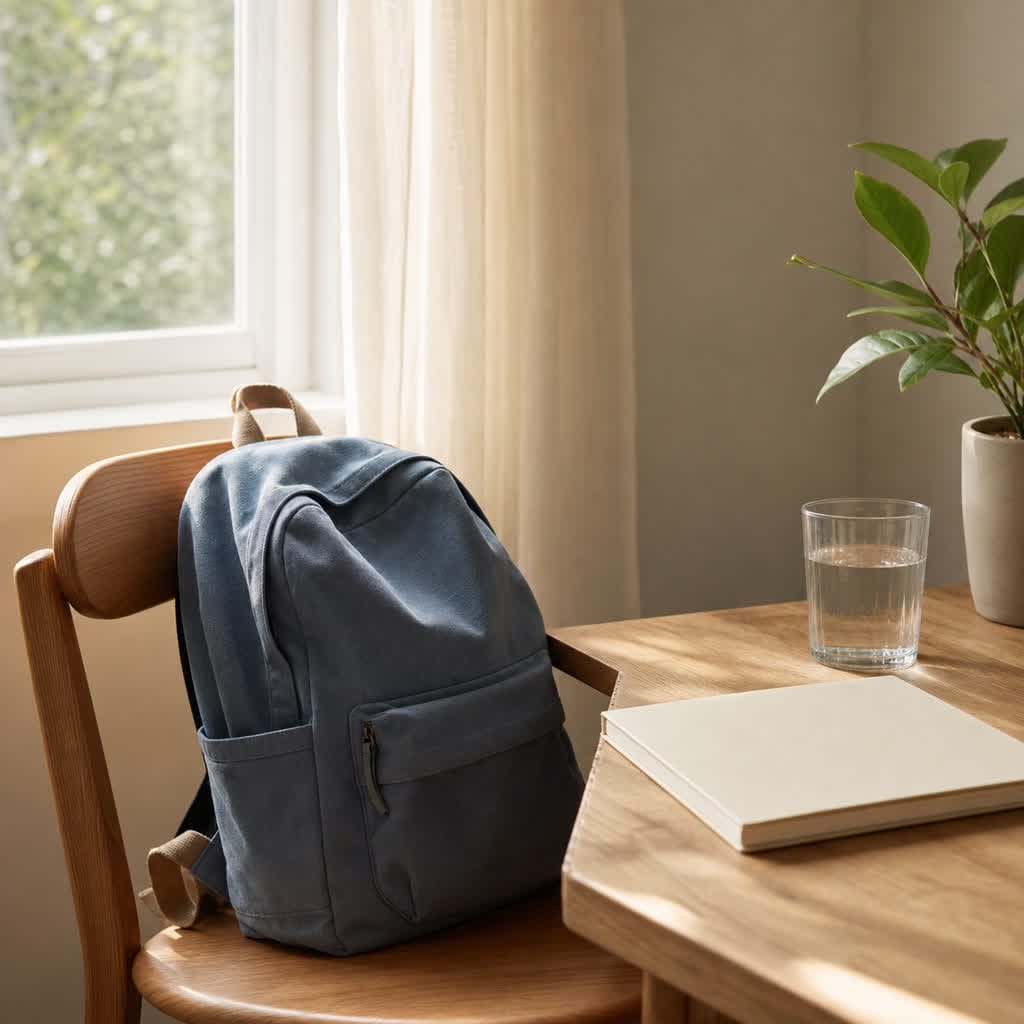 A backpack resting on a simple chair beside a blank notebook in soft window light