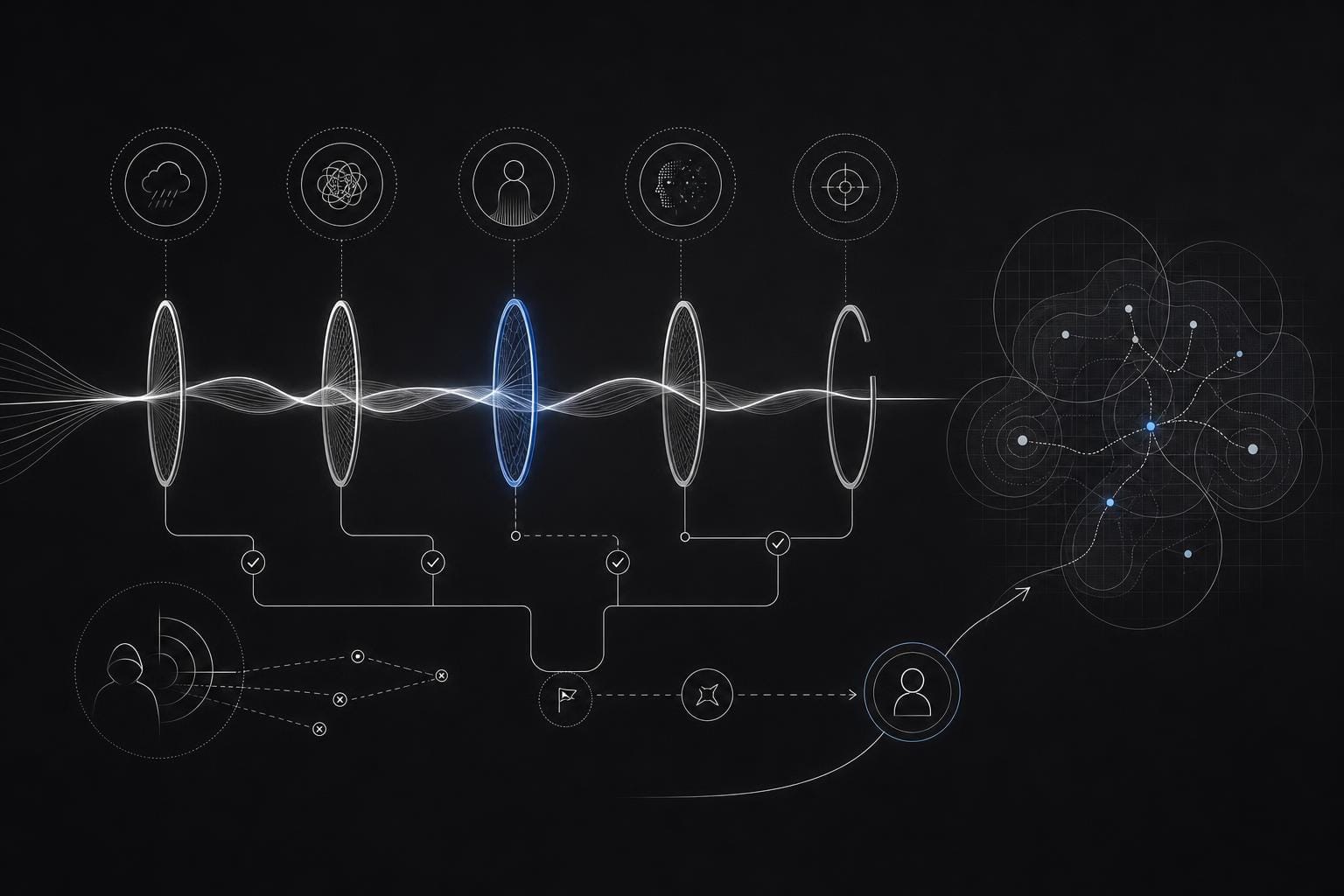 Anonymous mental-health AI conversation nodes flowing into a privacy-aware clinical measurement grid