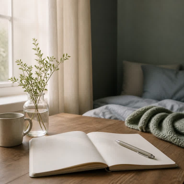 A blank notebook and pen in soft morning light beside a quiet bed