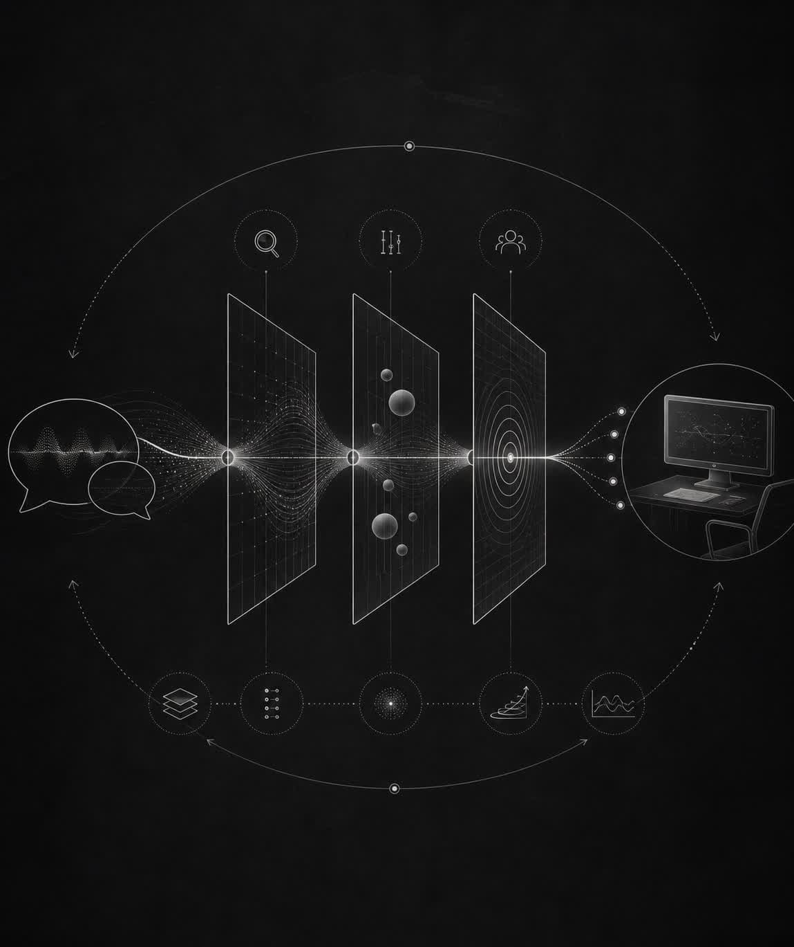 A guarded chatbot signal moving through transparency, evaluation, and accountability checkpoints