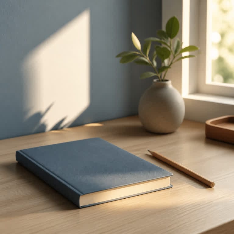 A smooth stone in a ceramic bowl beside a blank notebook in soft morning light