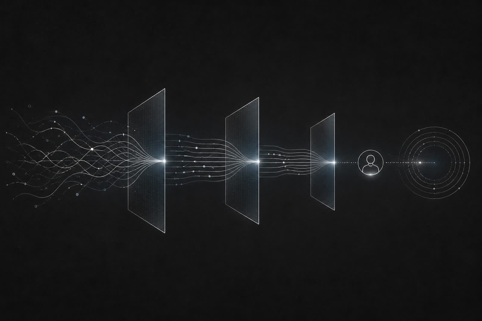 Abstract mental-health AI workflow moving through graduated safety gates toward human review