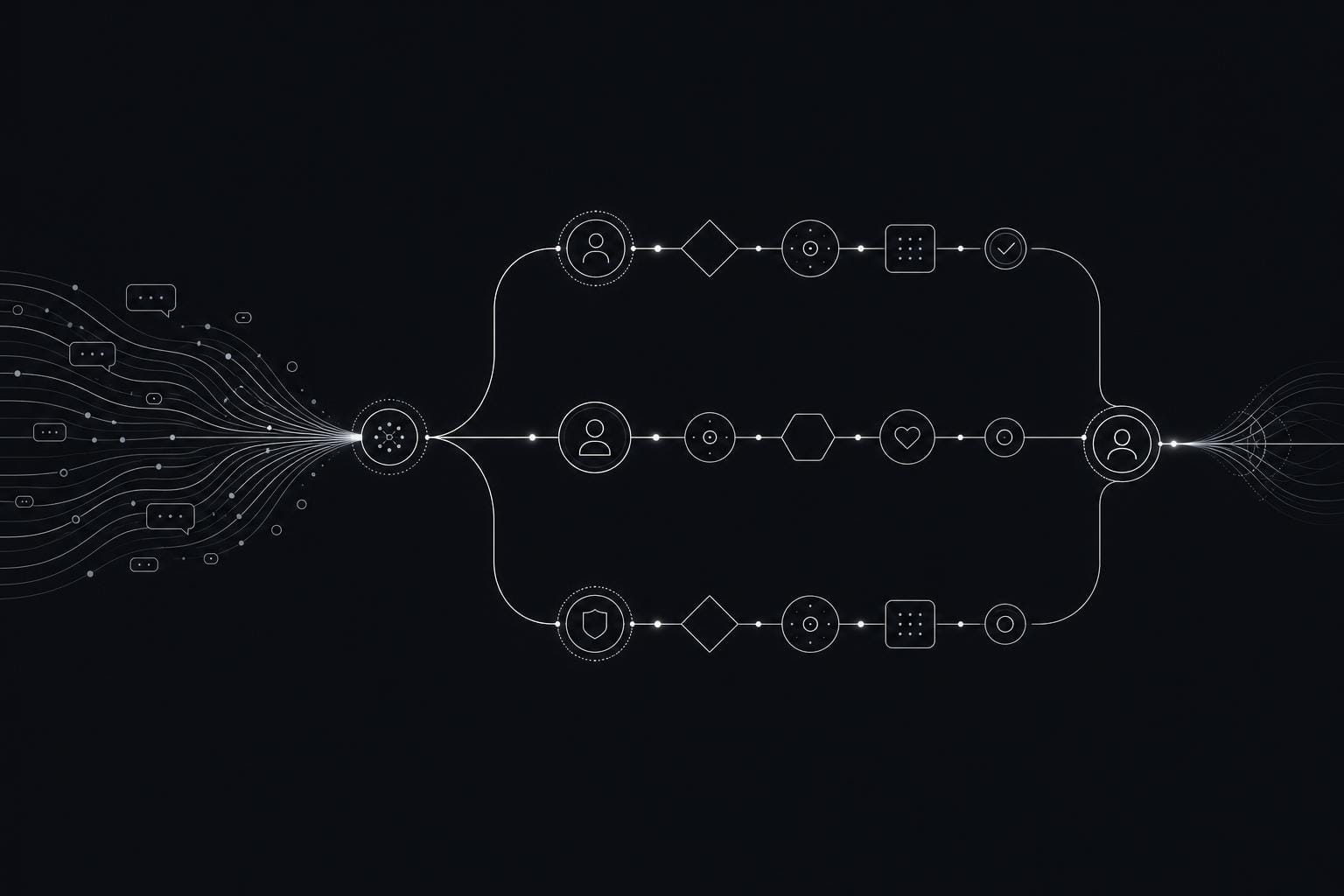 Abstract linework connecting an AI mental-health conversation to clinical and governance review checkpoints