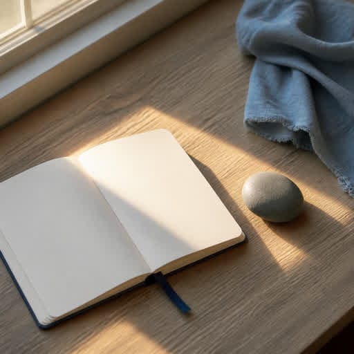 A blank journal and smooth stone resting in a quiet pool of morning light