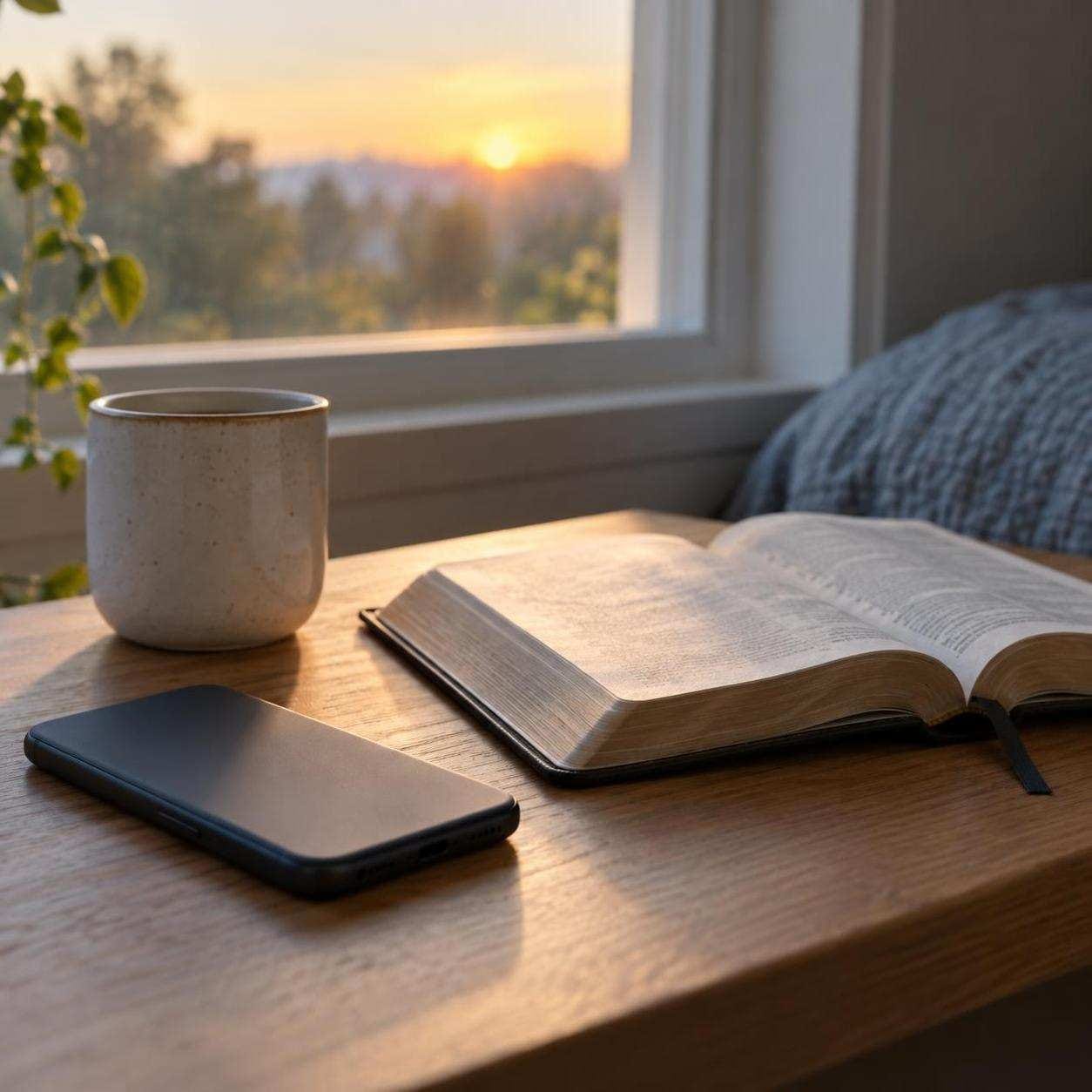 A closed phone beside an open Bible and ceramic cup in soft morning light