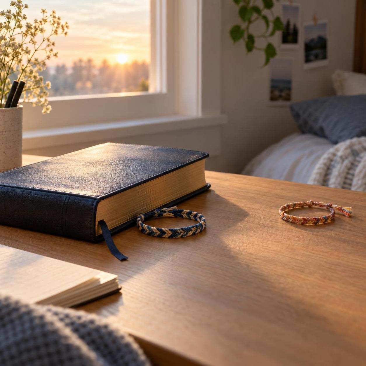 A small stone and green sprout beside a closed notebook in morning light
