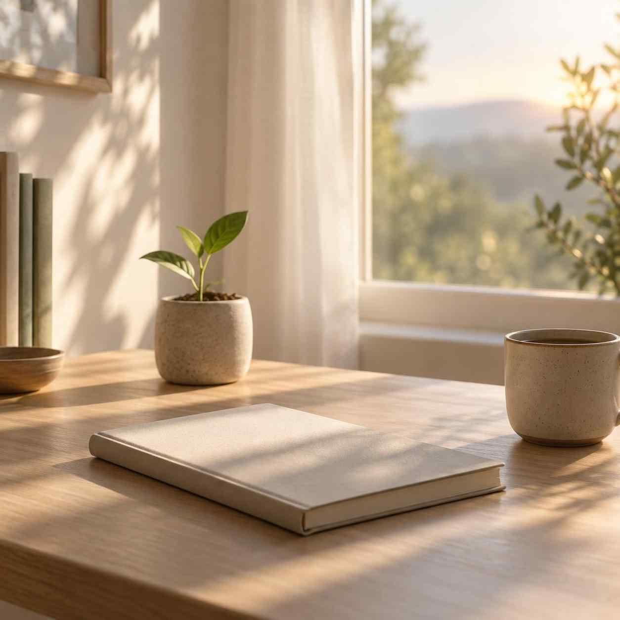 A quiet sunlit desk with an unopened notebook and a small green sprout