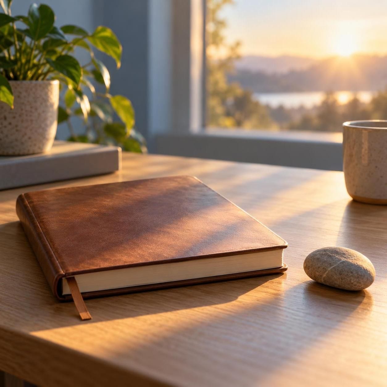A quiet journal and smooth stone in warm morning light