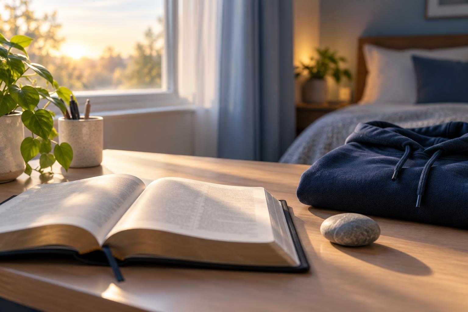 School notebook, backpack, lamp, and open Bible in quiet morning light